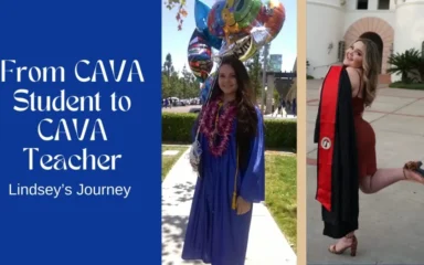 Alt text: "Split image featuring 'From CAVA Student to CAVA Teacher: Lindsey's Journey.' Left: Woman in blue graduation gown with balloons and leis. Right: Woman in red dress and black stole, posing joyfully."