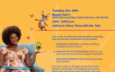 Nature's Storybook Adventure flyer: Features an event with Tabitha Brown in Santa Monica on Oct. 28th, with activities, storytelling, and community booths. Playful and inviting tone.