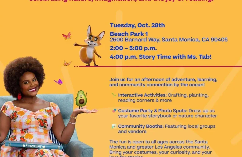 Nature's Storybook Adventure flyer: Features an event with Tabitha Brown in Santa Monica on Oct. 28th, with activities, storytelling, and community booths. Playful and inviting tone.